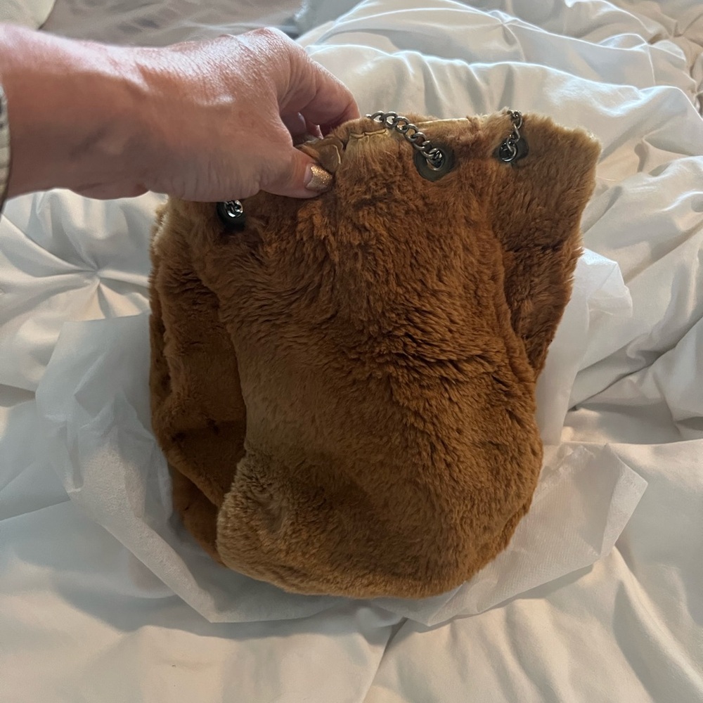 Chic Tan Faux Fur Bag with Chain Detail